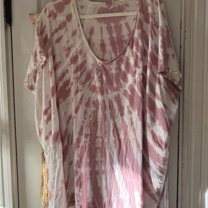 FP Movement by Free People Pink and White Tie-Dye Tunic Tee